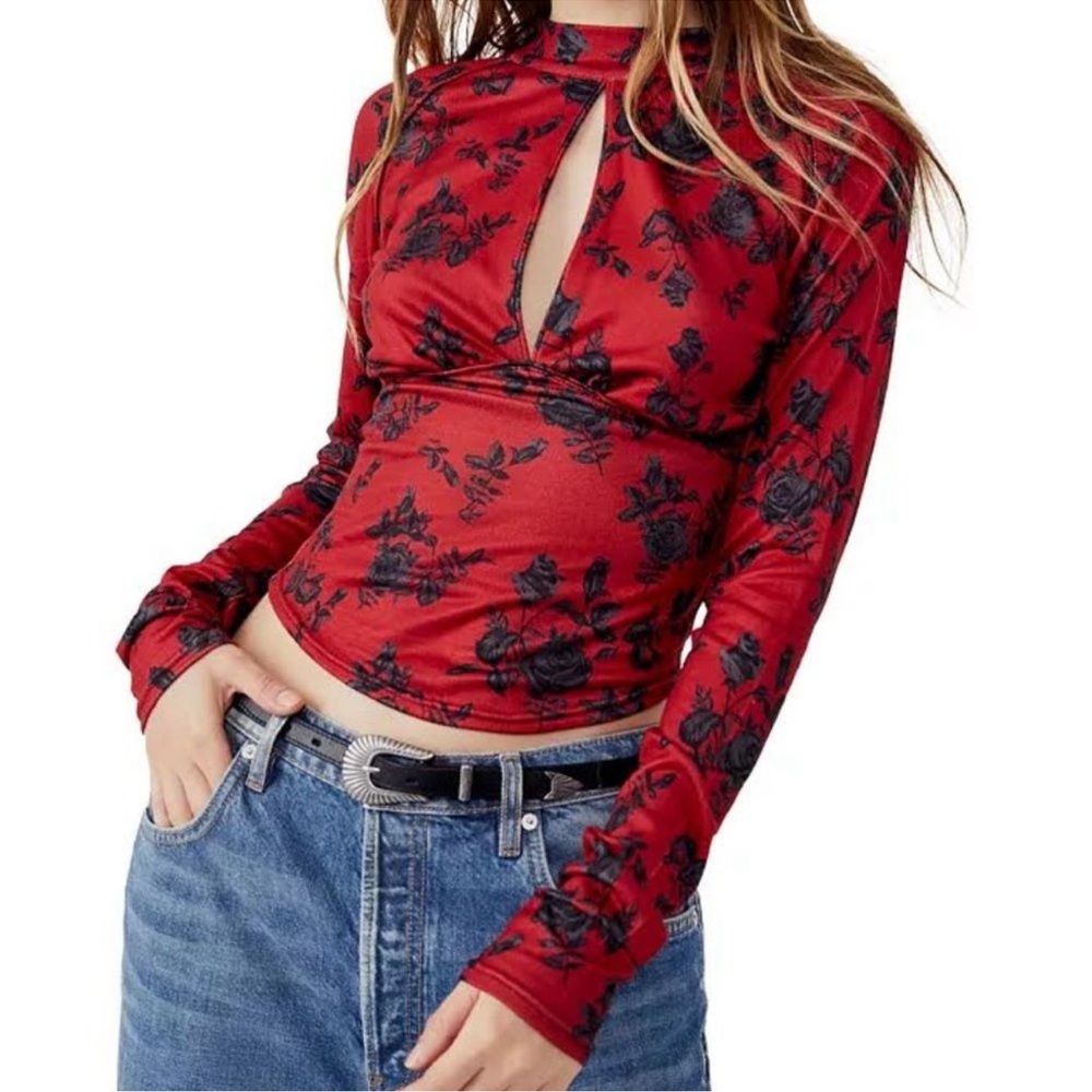 Free People Red Floral Keyhole Long Sleeve Top